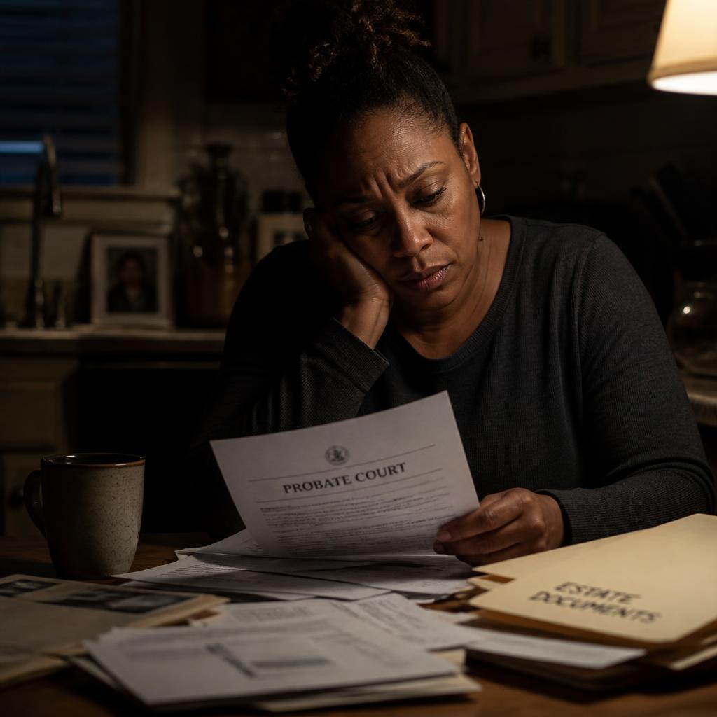 Older woman overwhelmed at a table piled with bills